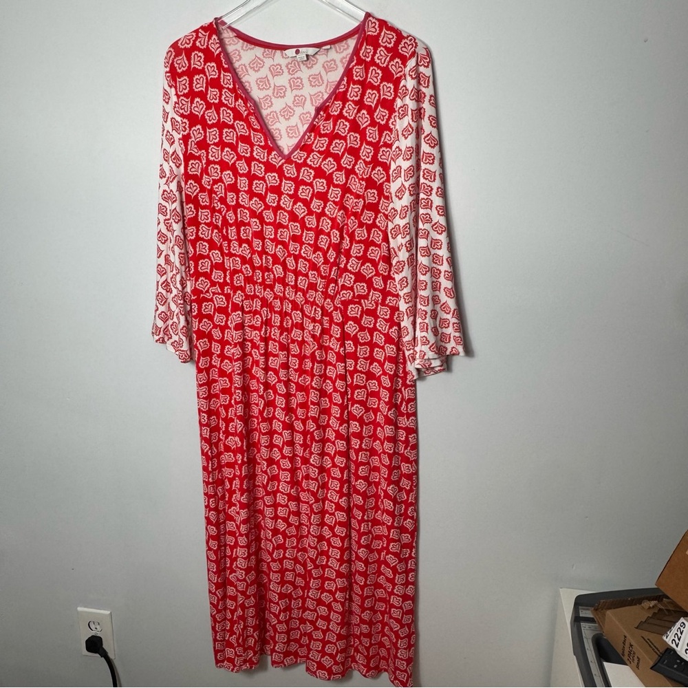 Boden Bella J0340 Jersey Midi Dress Boho Batik Stretch Belt 3/4 Flare Red 2228